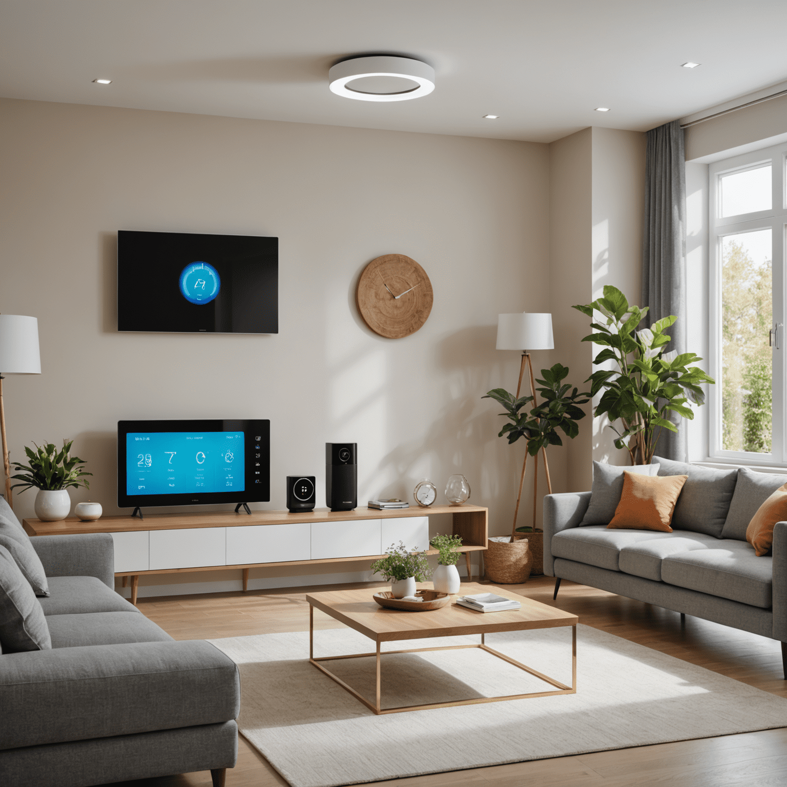 A modern living room with various smart home devices visible, including a smart thermostat, energy monitoring display, and automated lighting system. The room has a clean, minimalist design with energy-efficient appliances.
