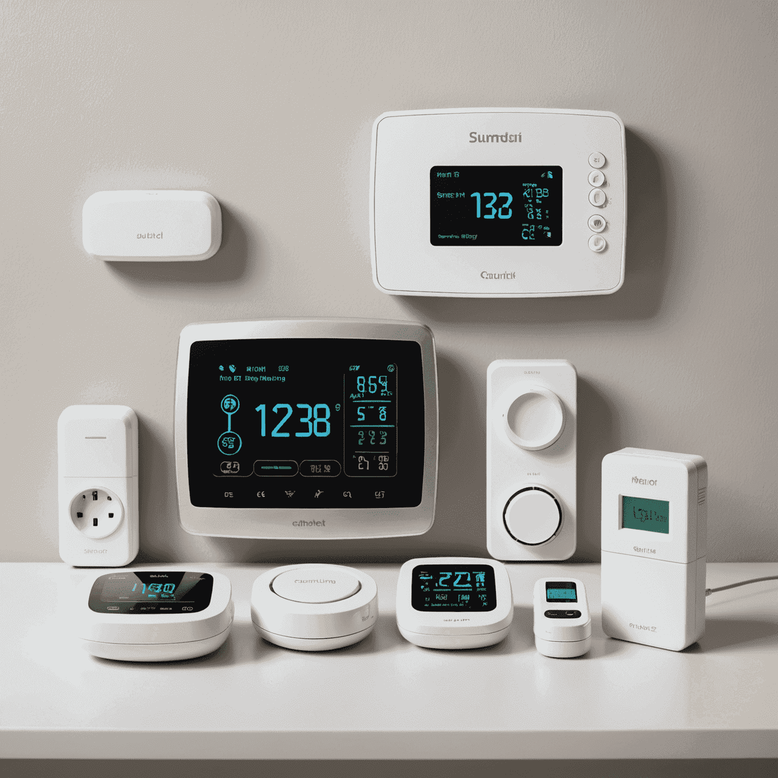 A collection of smart home energy management devices including a smart meter, thermostat, and energy monitoring display. The devices are arranged on a clean, white surface with soft lighting.