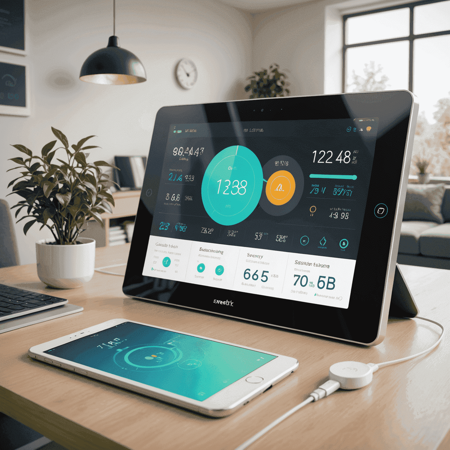 A futuristic smart home interface showing energy usage statistics, solar panel performance, and AI-powered suggestions for energy optimization. The interface has a clean, minimalist design with soft colors and intuitive graphics.