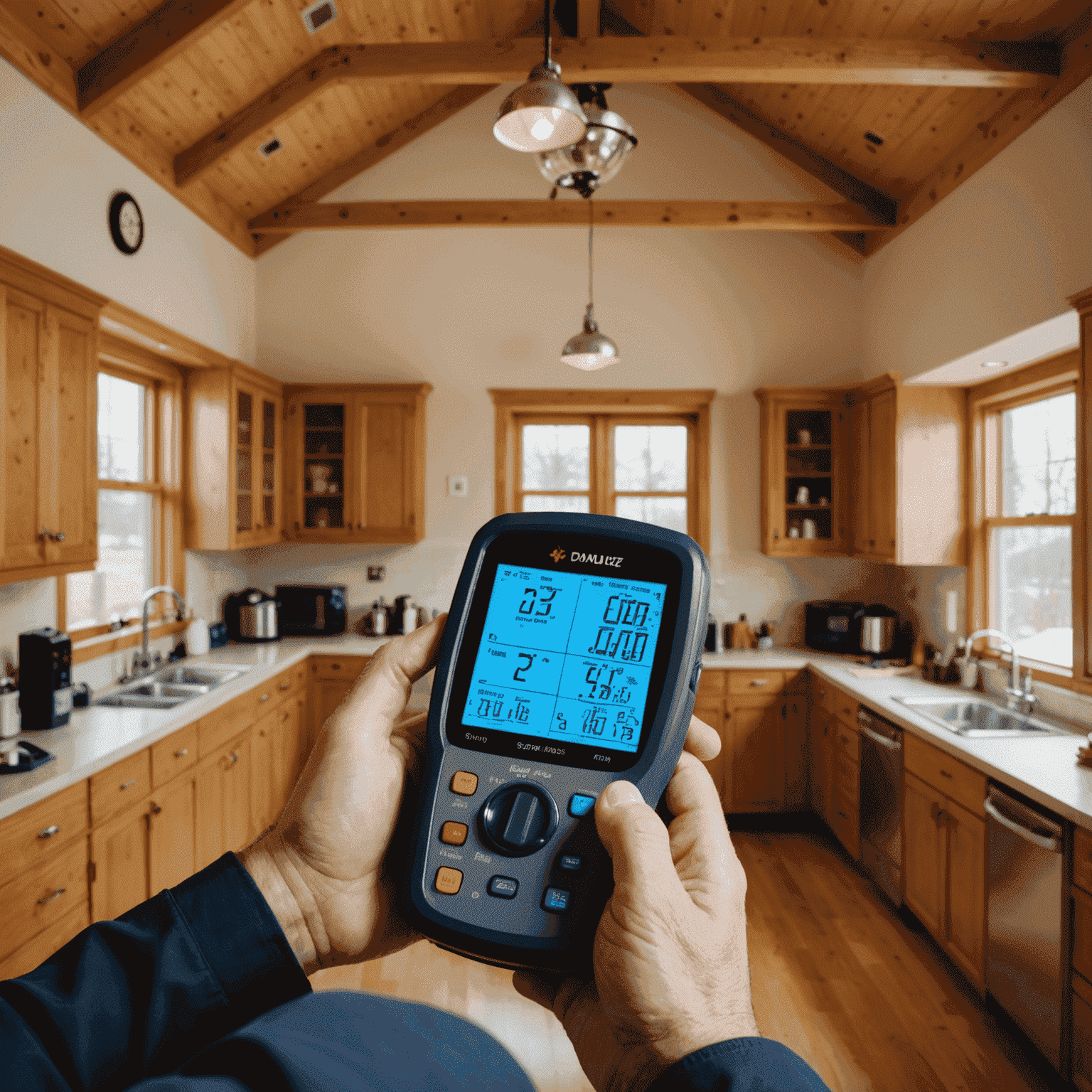 A person conducting a DIY energy audit in a Canadian home, using tools like a thermal camera, energy meter, and checklist. The image shows various areas of the home being inspected for energy efficiency.